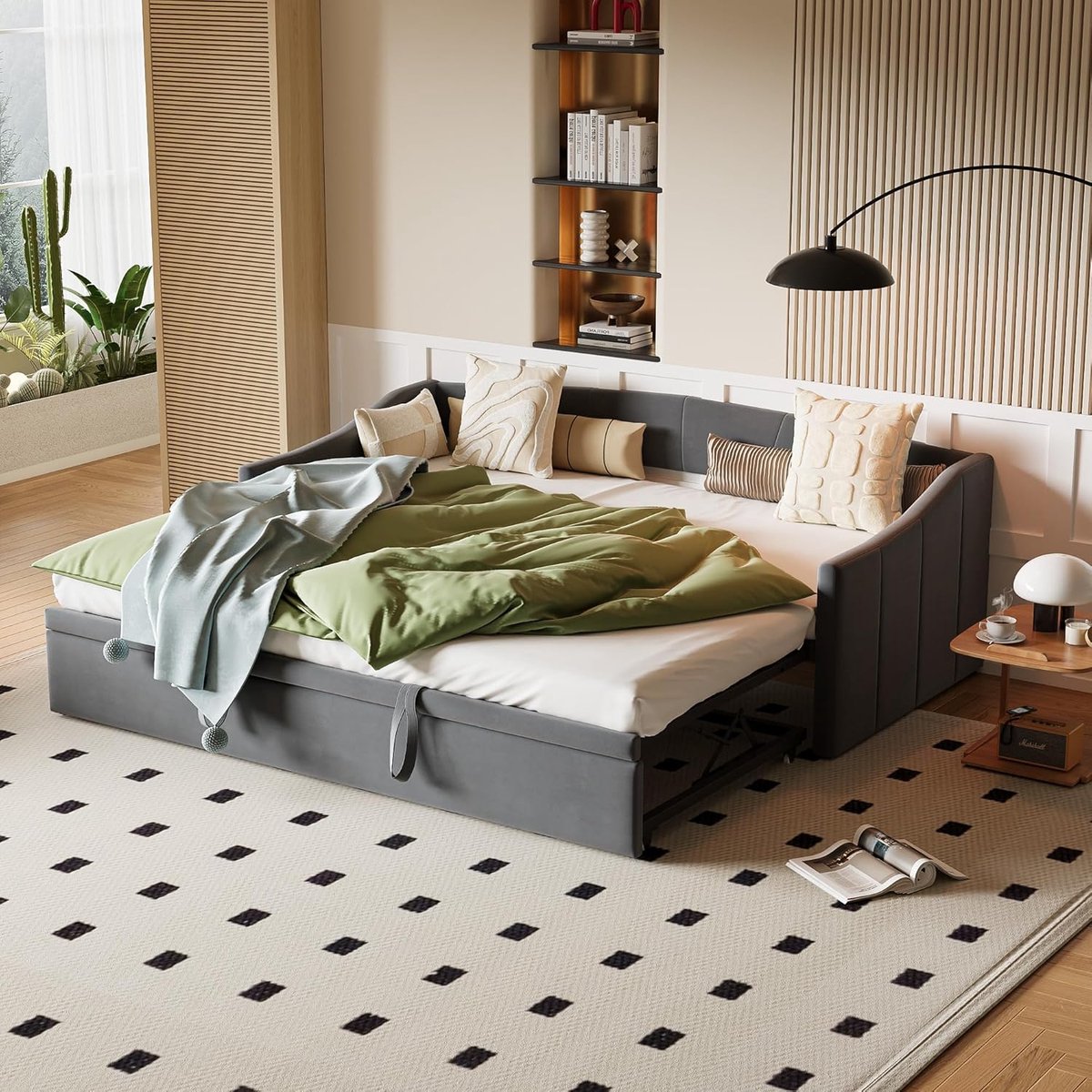 Slaapbank uittrekbaar 90/180 x 200 cm – Gestoffeerde 2-persoons slaapbank met lattenbodem en bedfunctie – Murphy bed met bank en opbergruimte – Fluweel grijs 02 – Vermissen
