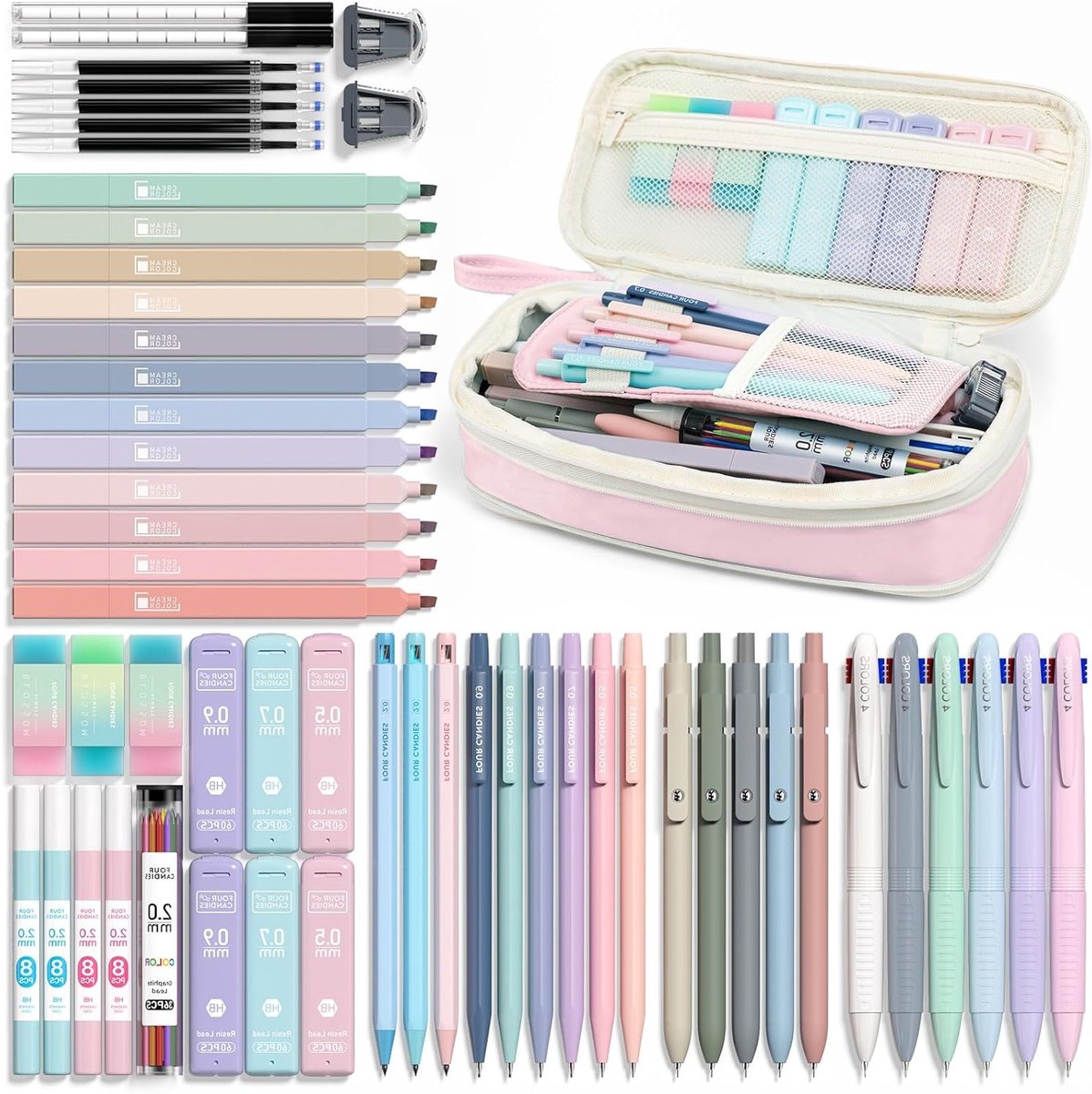 Aesthetic School Supplies Set met 56 Stuks: Schattige Pennen, Pastel Markers en Mechanische Potloden voor Studenten en Creatieve Projecten