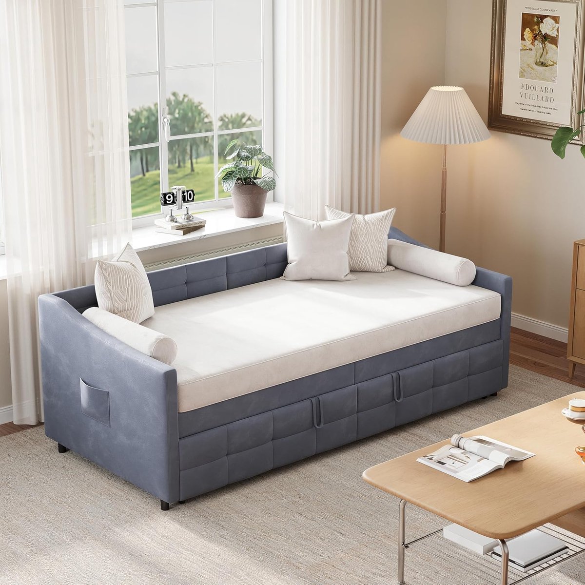 Slaapbank uittrekbaar 90/180 x 200 cm – Gestoffeerde 2-persoons slaapbank met lattenbodem en bedfunctie – Murphy bed met bank en opbergruimte – Fluweel grijs – Vermissen