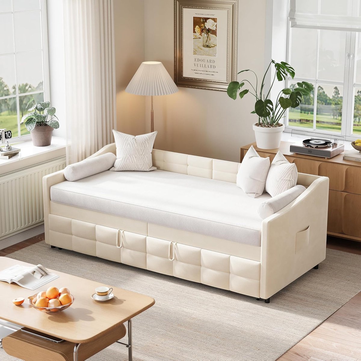 Slaapbank uittrekbaar 90/180 x 200 cm – Fluwelen 2-zits slaapbank met lattenbodem en zijvakken – Ruimtebesparend dagbed / gastenbed – Crème moderne slaapbank – BRILVERDE