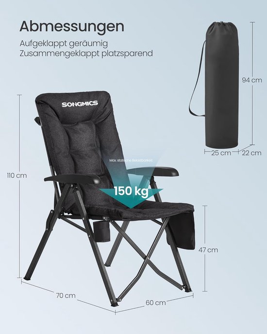 SONGMICS opvouwbare campingstoel voor volwassenen, 95°-150° verstelbare rugleuning, klapstoel 6 cm vulling, bekerhouder, zijzak, draagtas, tuincampingvissen, zwart GCB016BZ01 van Songmics — afbeelding 5