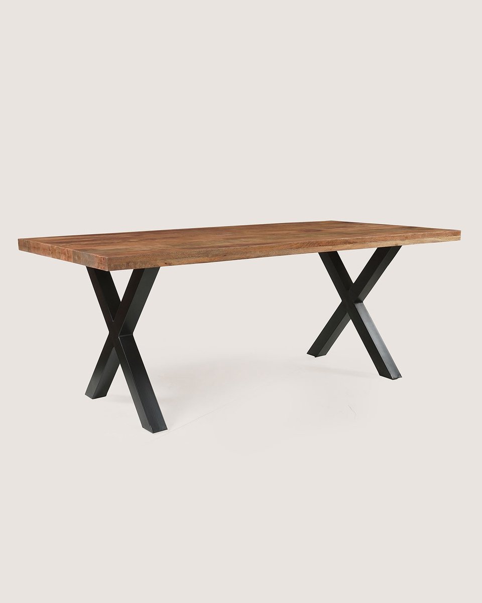 Rechthoekige Eettafel 180 cm Mangohout – Rustiek – Zwart Metalen X-Poot – Industrieel – 6-