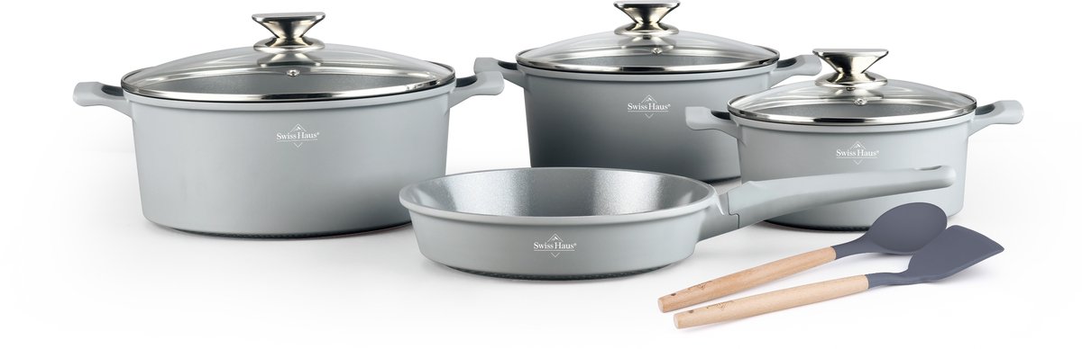 Swiss Haus® LG4009S Pannenset Inductie - 9 Delige Pannensets - PFAS Vrij - Set Met Koekenpan & Kookpotten - Pannen Voor Alle Warmtebronnen - Pan met Sapphire™ Antiaanbaklaag - Grijs