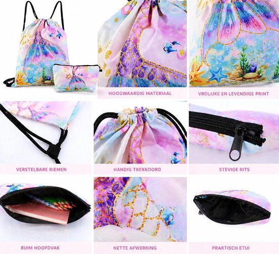 Set van een sporttas en etui met zeemeerminnenprint. De tas heeft verstelbare riemen en een handig trekkoord. Vrolijke kleuren en zeedieren.