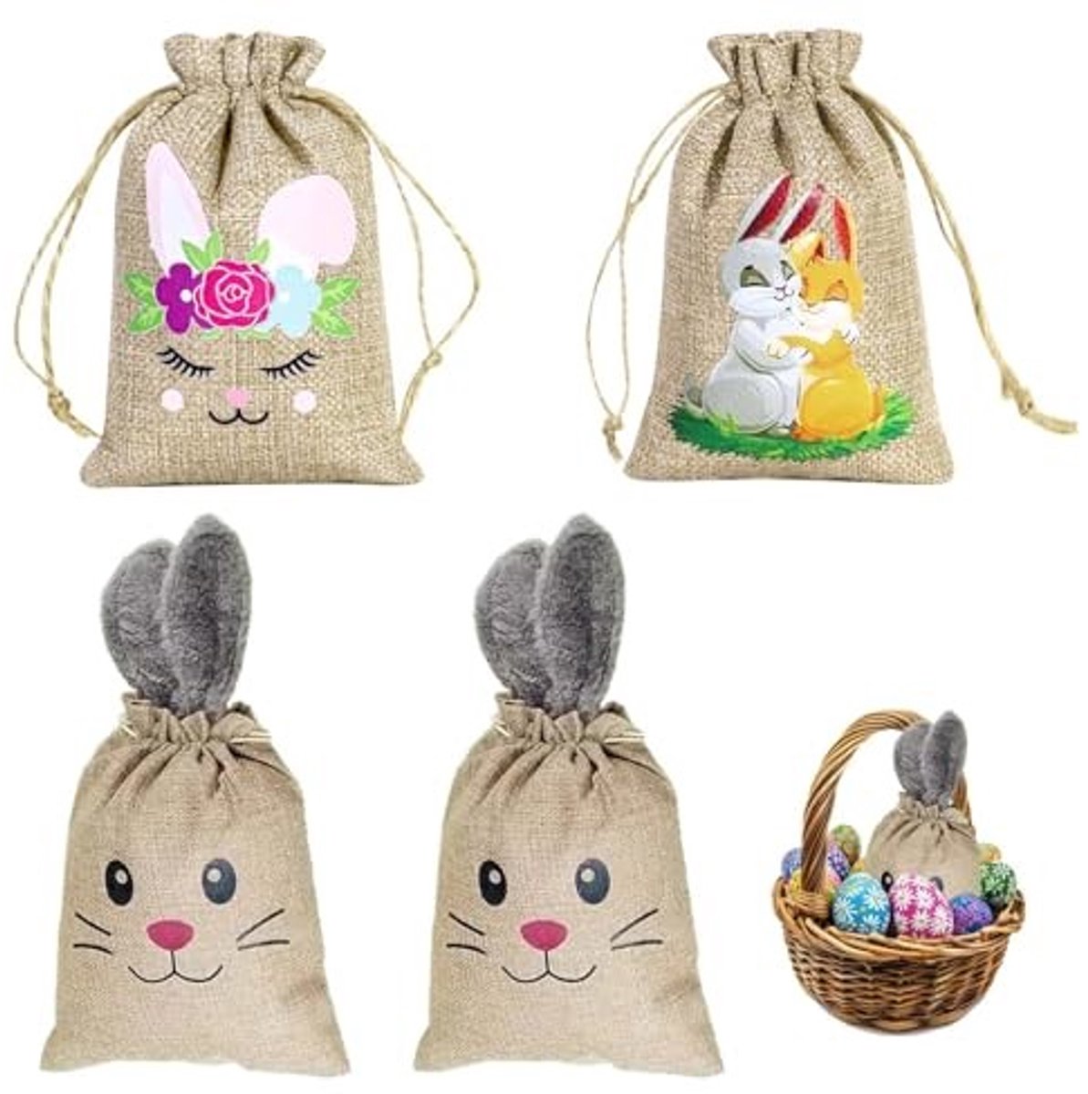 NTHProducts - Paaszakken voor Kinderen - 2-delige set - Jute & Katoen - 20x62 cm - Groene kleur - Schattige Konijnen Zakjes - Perfect voor Pasen