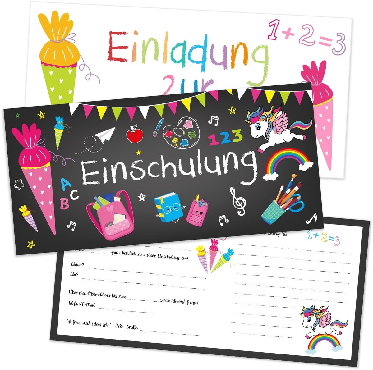 NTHProducts - Eerste Schooldag Uitnodiging - Unicorn Design - 12 Stuks - Grote Formaat - Kinderen - Met Enveloppen
