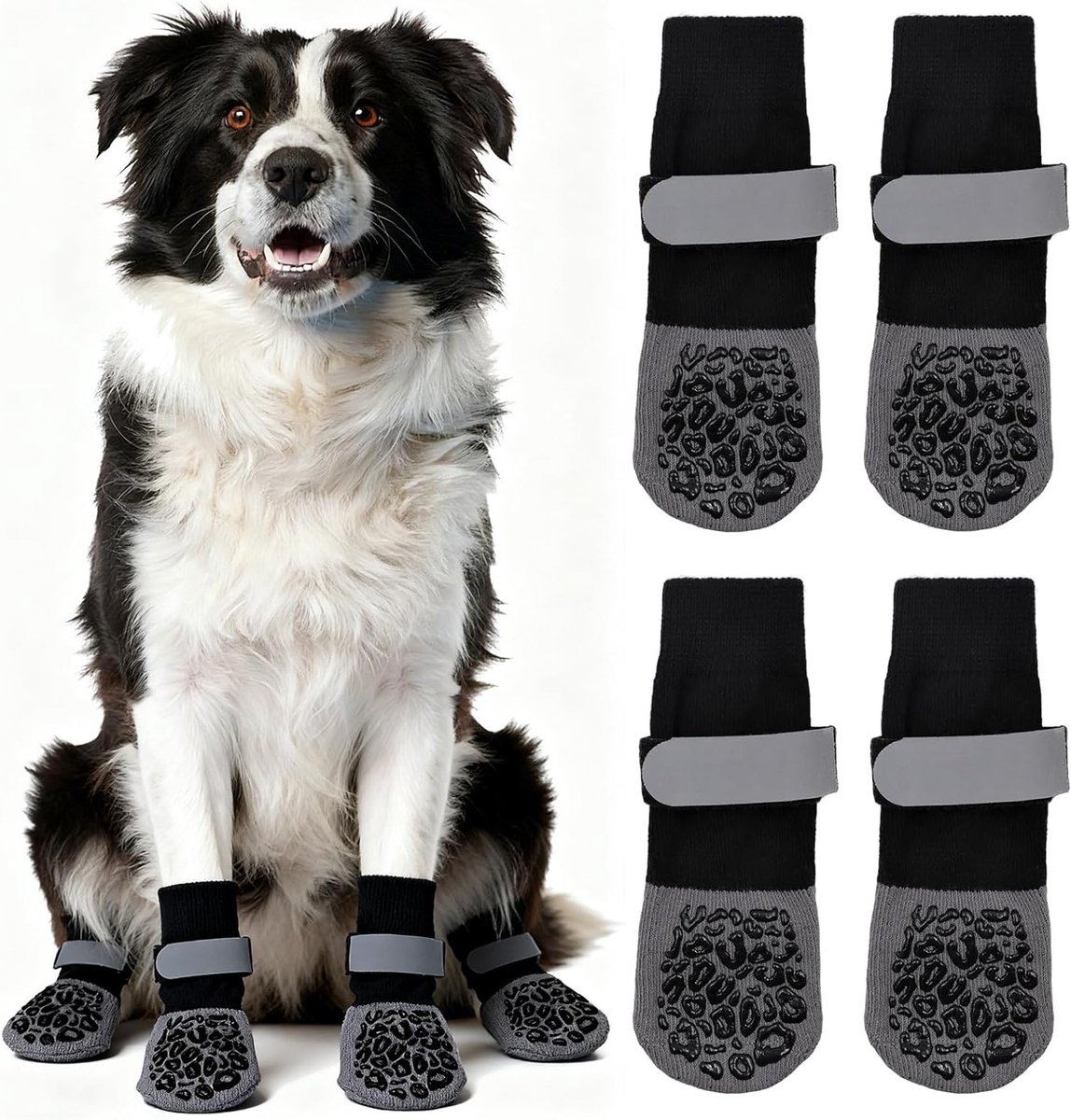 4 Stuks Antislip Hondensokken met Luipaardprint - Verstelbare Hondenschoenen voor Houten Vloeren, Bescherming voor Pootjes van Kleine en Middelgrote Honden