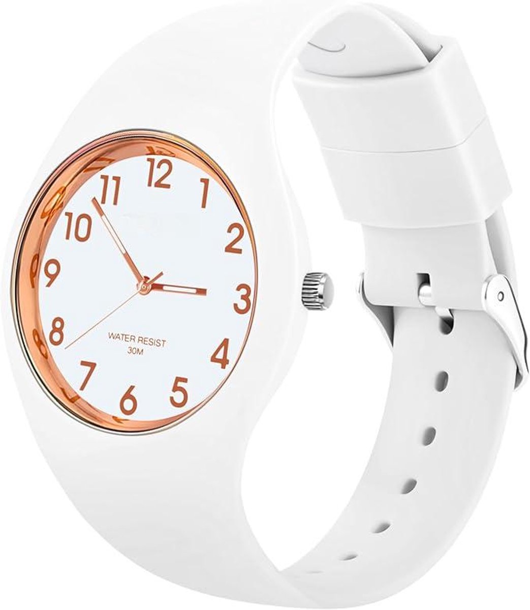 Dameshorloge met siliconen band, waterdicht analoog sporthorloge, analoog quartzhorloge voor dames, grote wijzerplaat, gemakkelijk af te lezen, modieus, stijlvol, eenvoudig voor vrouwen en meisjes,Wit Roségoud