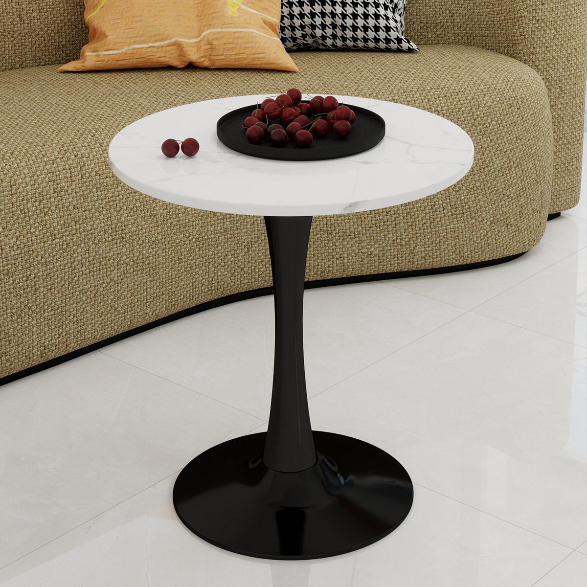 FloraGrace Salontafel - Ronde Tafel Met Marmerlook - Voor Woonkamer En Eethoek - Kunstmarm