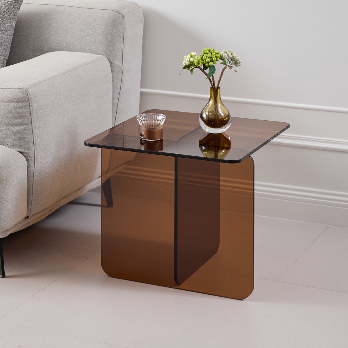 FloraGrace Bijzettafel - Gebogen Gehard Glas Met Transparante Uitstraling - Voor Woonkamer En Buiten - Bruin - 45x45x51 Cm