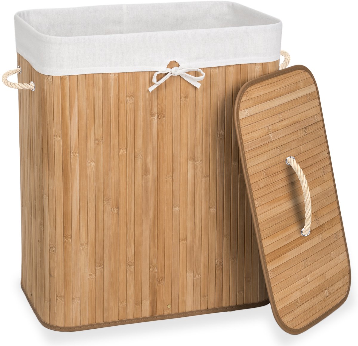 tectake® Robuuste Bamboe Wasmand - Opvouwbaar Met Deksel En Uitneembare Waszak - Verschillende Modellen - (100L Naturel - Rechthoek)