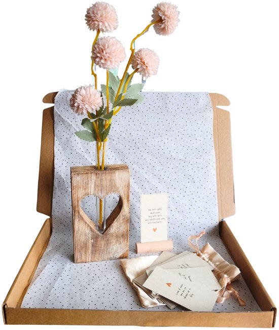 Brievenbus cadeau | Bloemenvaasje met gouden bloem & leuke kaartjes met houder
