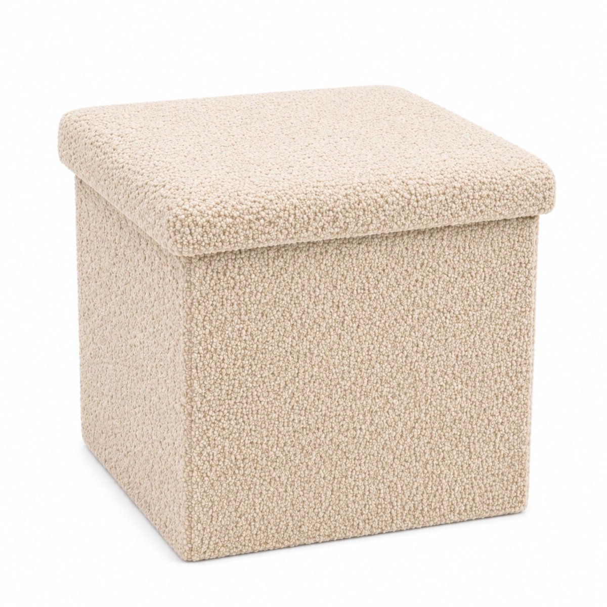Luxaliving Opbergpoef Beige – Opvouwbare Poef met Opbergruimte – Bouclé Teddy Stof – Hocker met Deksel – Voetenbank 35x35 cm –