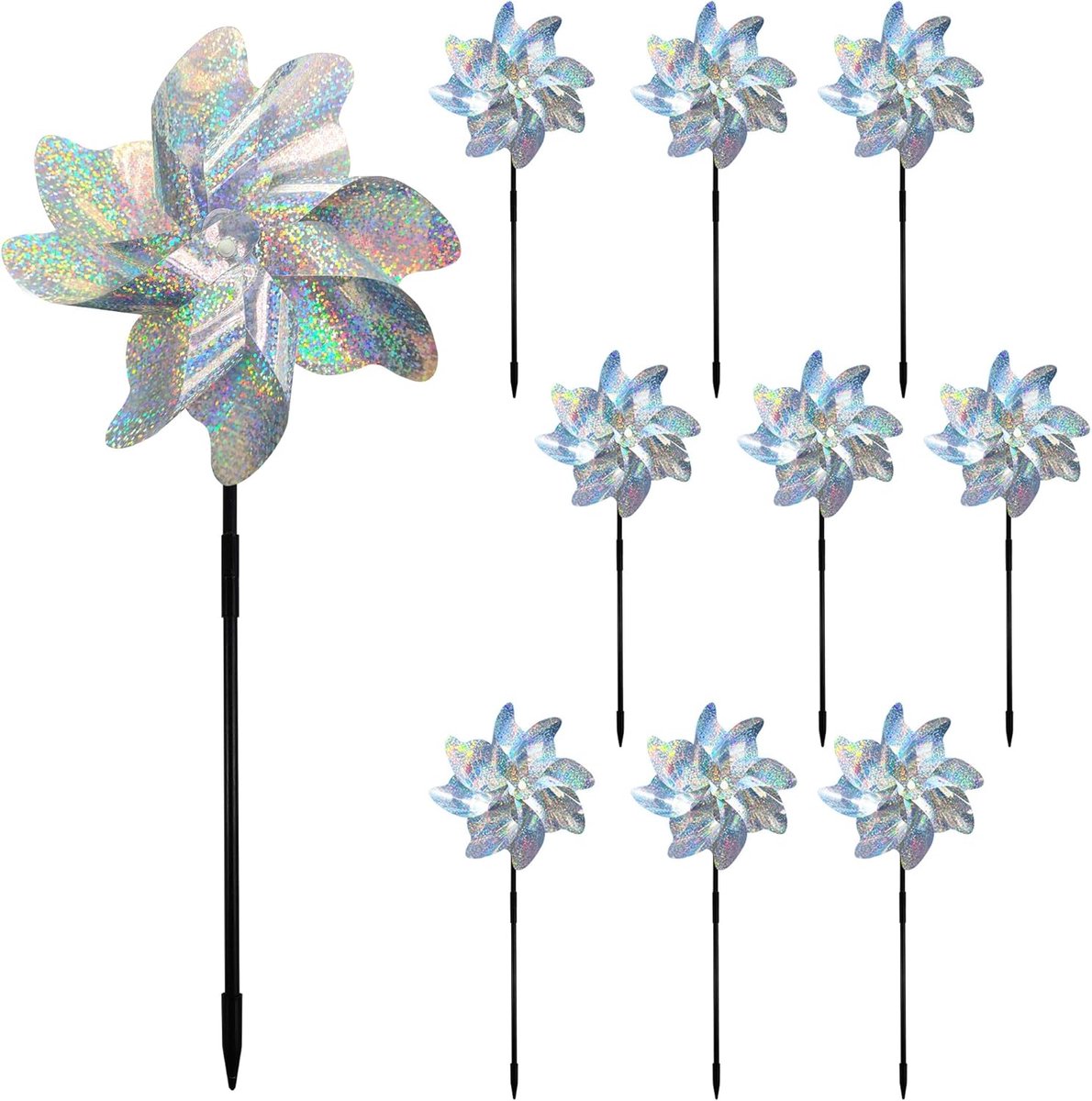 Set van 10 reflecterende windmolentjes - Vogelverjager - met grondpinnen (montage vereist) - Diervriendelijke Duivenverjager - voor tuindecoratie - vogelwerende apparaten - voor om vogels weg te jagen van tuin, terras of boerderij
