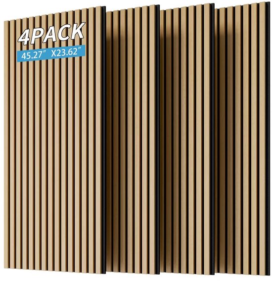 Panneaux en bois Pugsdrly pour panneaux à lattes murales, 4 panneaux acoustiques à lattes en bois pour mur et plafond - Panneau insonorisant nervuré 3D avec trois côtés entièrement enveloppés de finition bois - 115 cm x 60 cm (Chêne blanc)