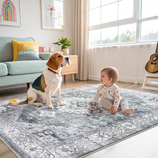 Baby en hond zitten op een grijs vloerkleed met traditioneel patroon in een lichte woonkamer.