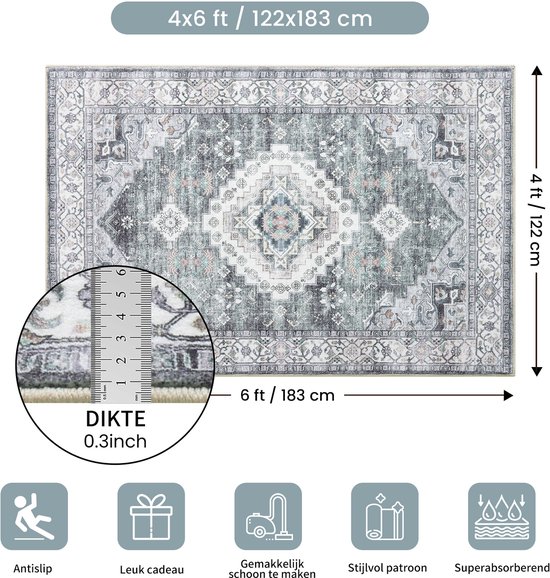 Grijs vloerkleed met traditioneel patroon, met afmetingen 122x183 cm en dikte 0.3 inch.