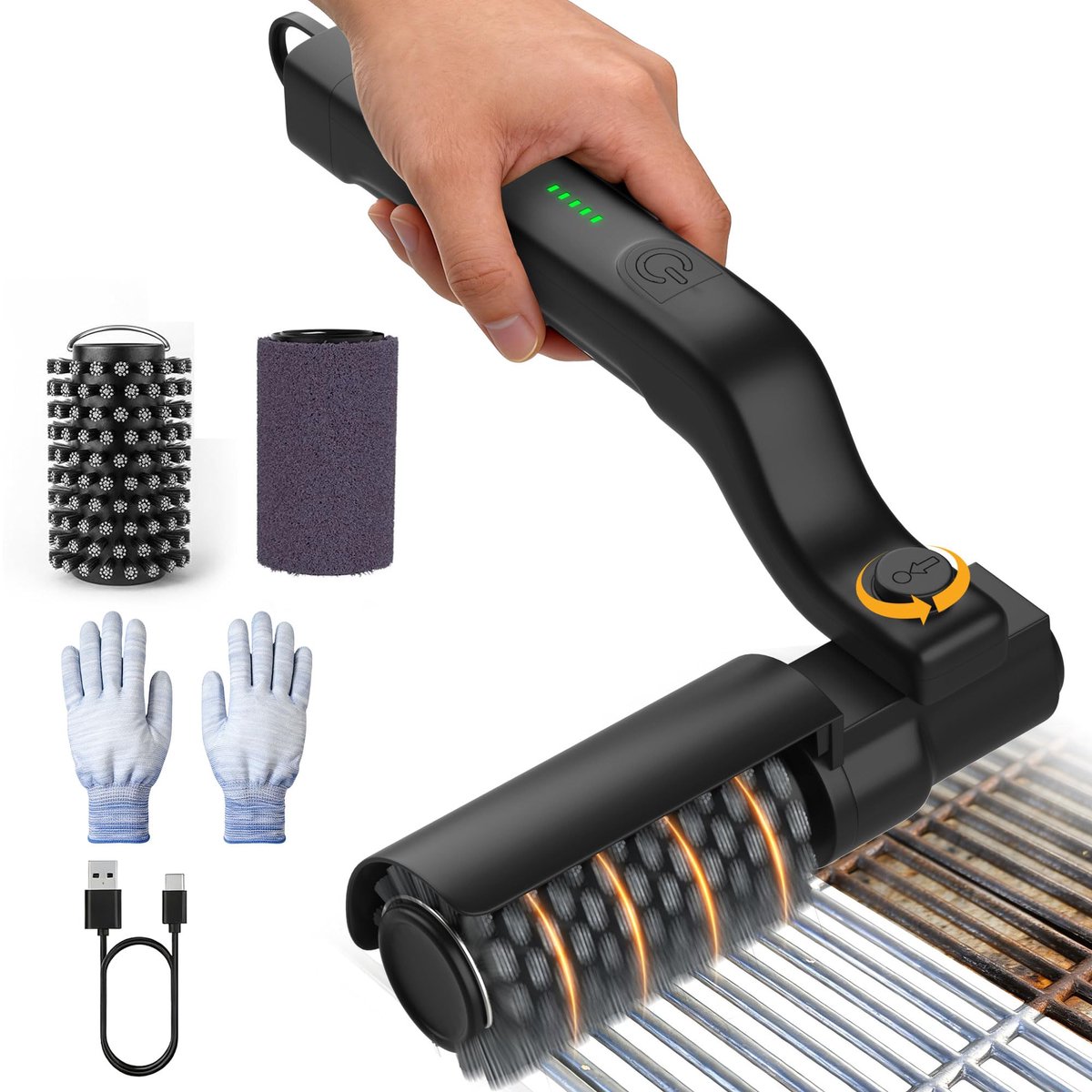 Elektrische grillborstel - 3-standen roterende barbecueborstel met 180° verstelbare kop - 90 minuten gebruiksduur - USB-C oplaadbaar - Roestvrijstalen borstel voor gas-, houtskool- en keramische grills