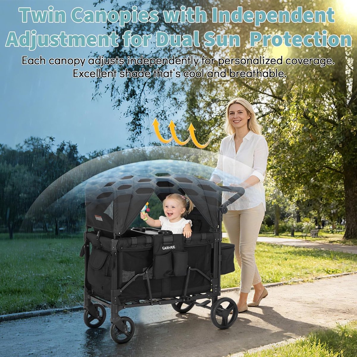 Opvouwbare Bolderkar voor 2 Kinderen met Dubbel Dak en 5-Puntsgordel - Wandelwagen met Afneembaar Dienblad & Opbergtas - Tot 60 kg - Schokdempende Wielen — afbeelding 4