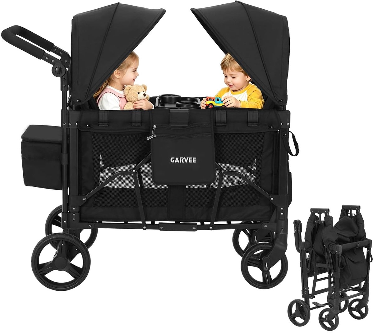 Opvouwbare Bolderkar voor 2 Kinderen met Dubbel Dak en 5-Puntsgordel - Wandelwagen met Afneembaar Dienblad & Opbergtas - Tot 60 kg - Schokdempende Wielen — afbeelding 1
