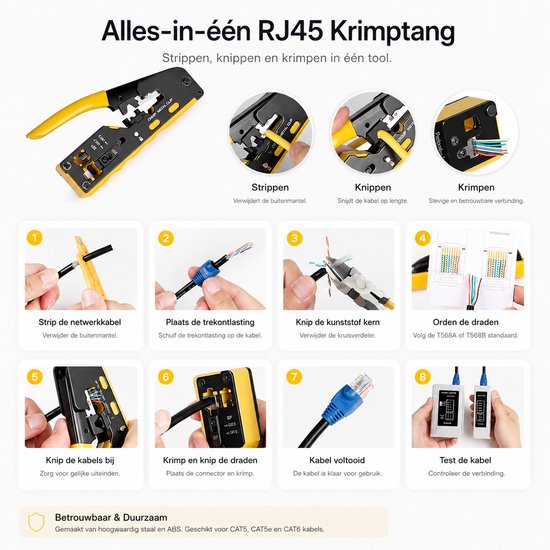 Stapsgewijze instructies voor het strippen, knippen en krimpen van netwerkkabels met de gele Sounix RJ45 krimptang.