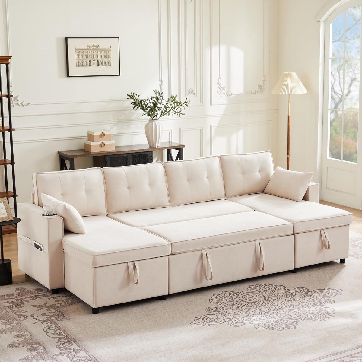 Hoekbank met slaapfunctie 206 x 130 cm - 4-zits Slaapbank met Opberglade, Omkeerbare Chaise Longue, Fluwelen L-vorm Bank, Logeerbed 180 x 124 cm - Beige - Vermissen