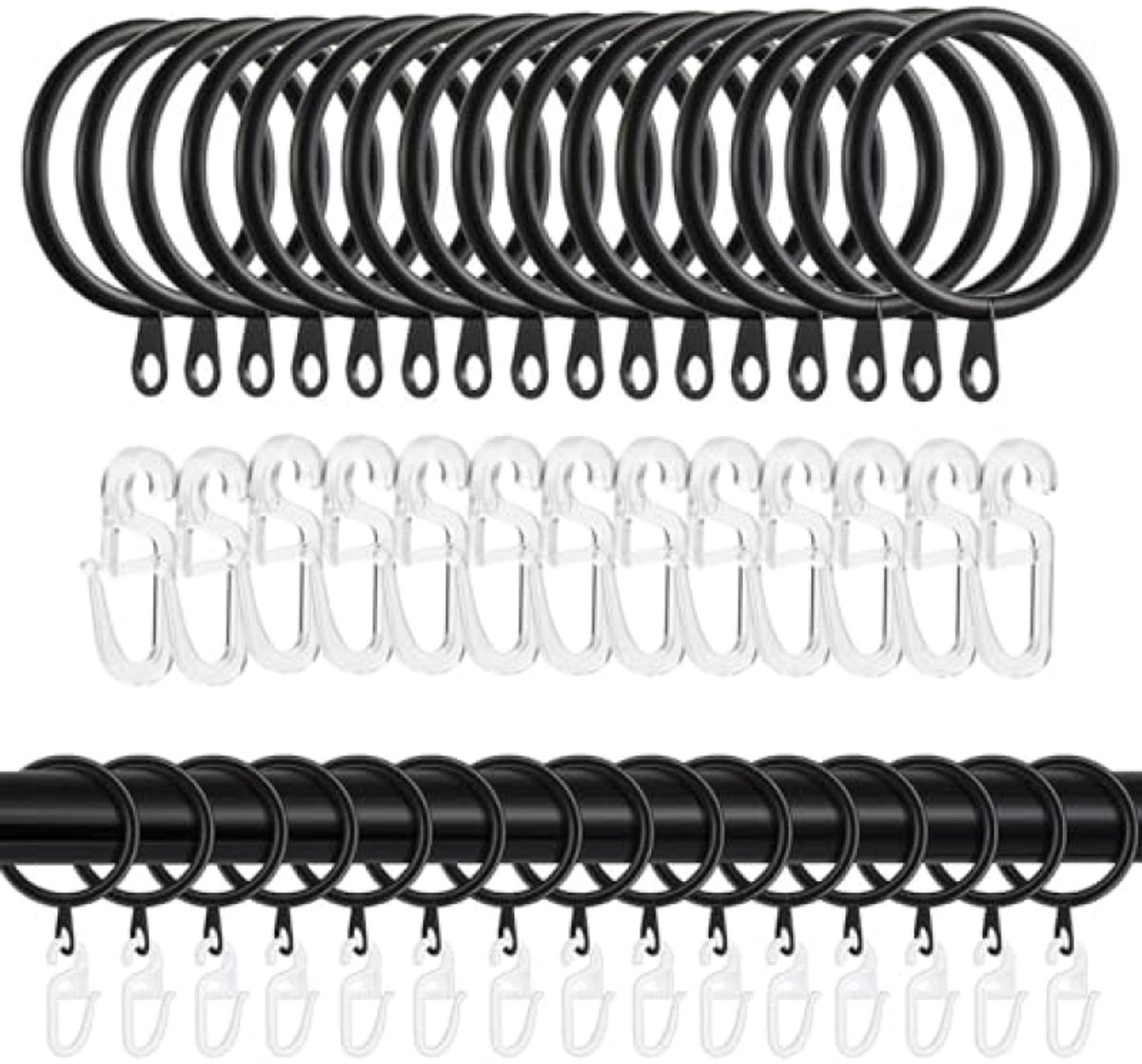 PromoHome Gordijnringen en Haken Set - 40 Stuks Metalen Ringen + 40 Kunststof Haken - Zwart - Voor Gordijnrails tot 27 mm - Binnendiameter 30 mm