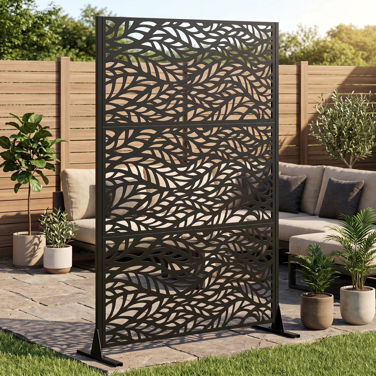 Pugsdrly Metalen privacyscherm voor buiten, vrijstaand, 183 x 116 cm decoratieve metalen schuttingpanelen met stabiele voet, draagbare scheidingsschermen voor terras, veranda, balkon, achtertuin, tuin