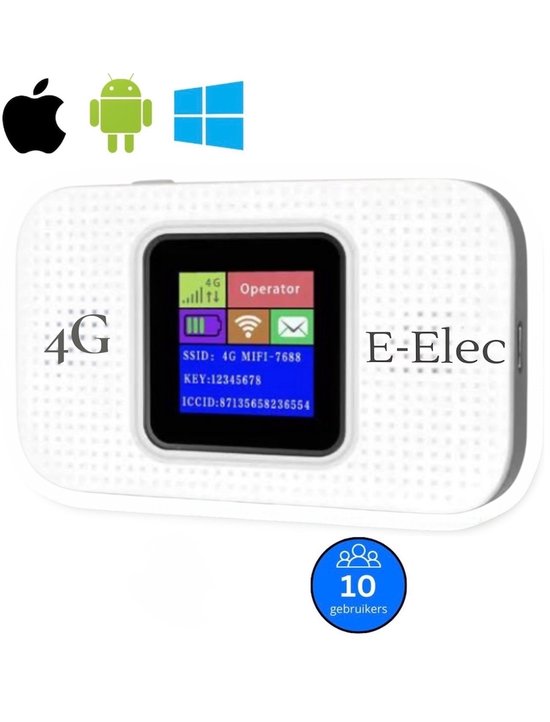 E-Elec 4G MiFi Router – Draagbare WiFi Hotspot met SIM-kaart – Tot 10 Apparaten – 300 Mbps – 3000mAh Batterij – Wit