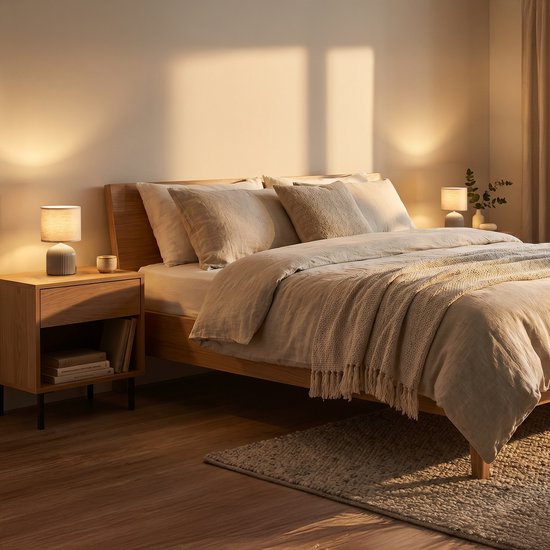 Chambre moderne avec meubles en bois et deux petites lampes de table avec abat-jour en tissu et pied en céramique sur des tables de nuit.