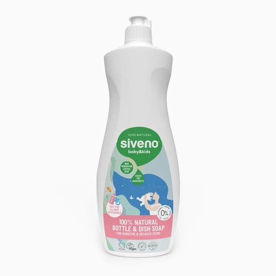 Witte Siveno baby fles en afwasmiddel fles, 100% natuurlijk, met een roze en blauw label. Geschikt voor gevoelige en delicate artikelen.