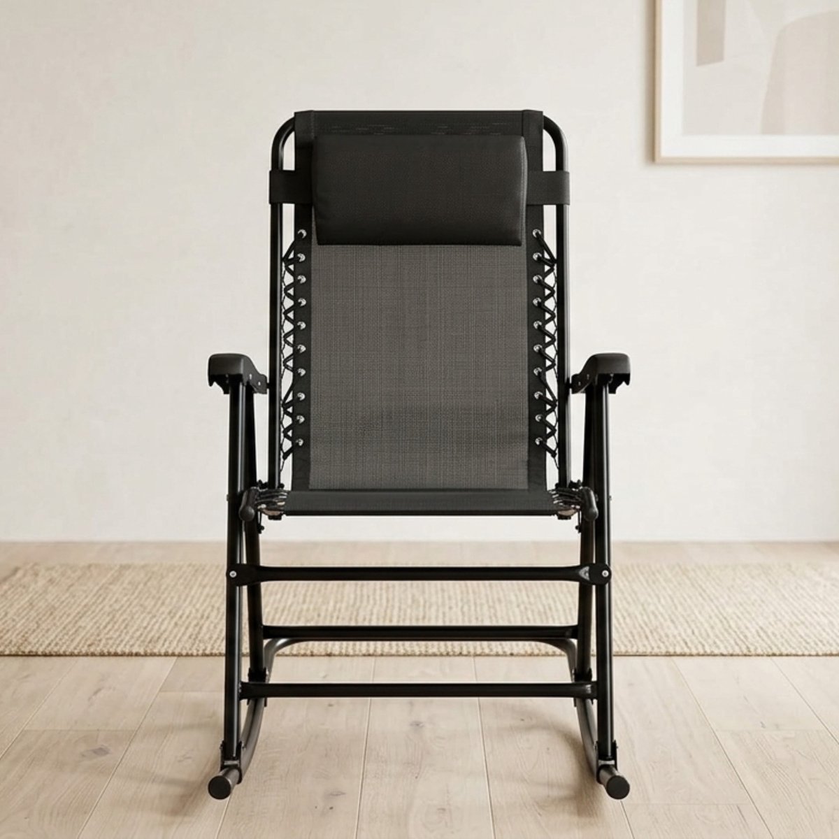 Opvouwbare Schommelstoel voor Buiten – Meuble Paris Ergonomische Patio & Veranda Stoel met Hoofdsteun, Zwart Textileen en Stalen Frame, Lichtgewicht Reizen & Tuin Relaxstoel
