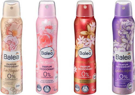 Vier spuitbussen deodorant van Balea met bloemenprints: Pure Elegance, Pink Blossom, Glamorous Moon en Golden Moon.