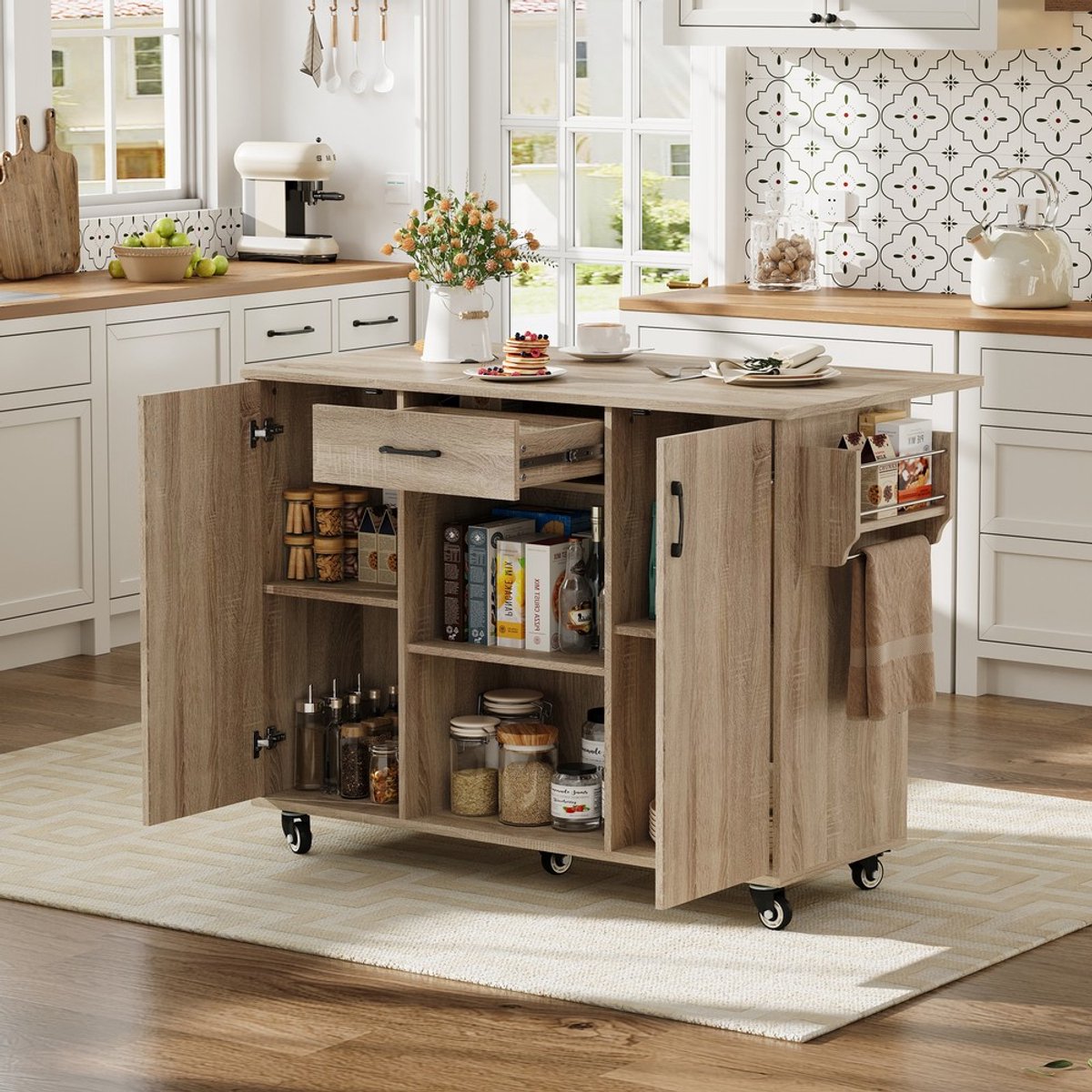 Pugsdrly Kitchen Island, keukentrolley met opklapbaar werkblad, 120 cm mobiel keukeneiland op wielen, verrijdbare serveertrolley met lade & kast, Sonoma eiken, 92,9 x 120 x 43,5 cm