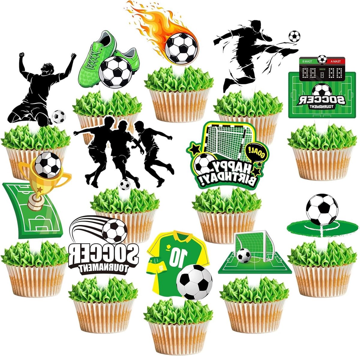 Voetbal Cupcake Toppers - 24 Stuks, Versieringen voor Verjaardagsfeest, Sportthema Decoraties en Feestartikelen