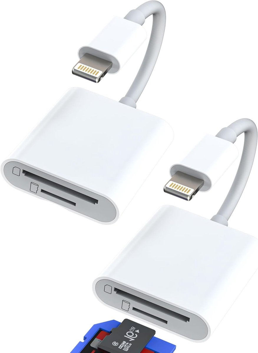 Micro SD Kaartlezer Adapter voor iPhone en iPad - Compacte Flash Kabel voor Geheugenstick, 2-Pack, Geschikt voor iPhone 14, 13, 12, 11 Pro Max, 7, 8 Plus en iPad Air
