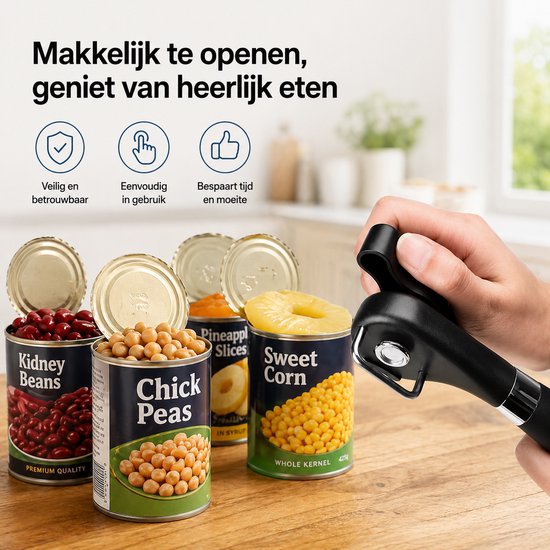 BOTC Blikopener - Veilig - Opent zonder scherpe randen - hersluitbaar - RVS - Silicone - Zwart