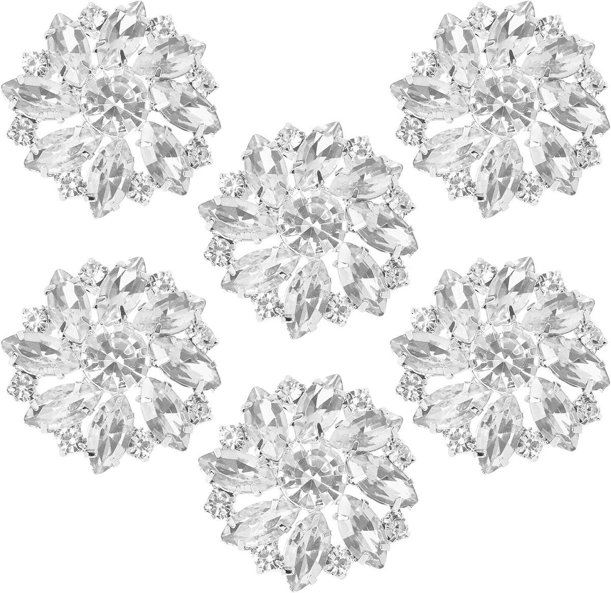 Zes Stuks Strass Knopen | Bloemvormige Knopen van 26,5 mm voor Cardigans | Kristallen Zilveren Knopen voor Kleding, Handwerk en Bruiloften