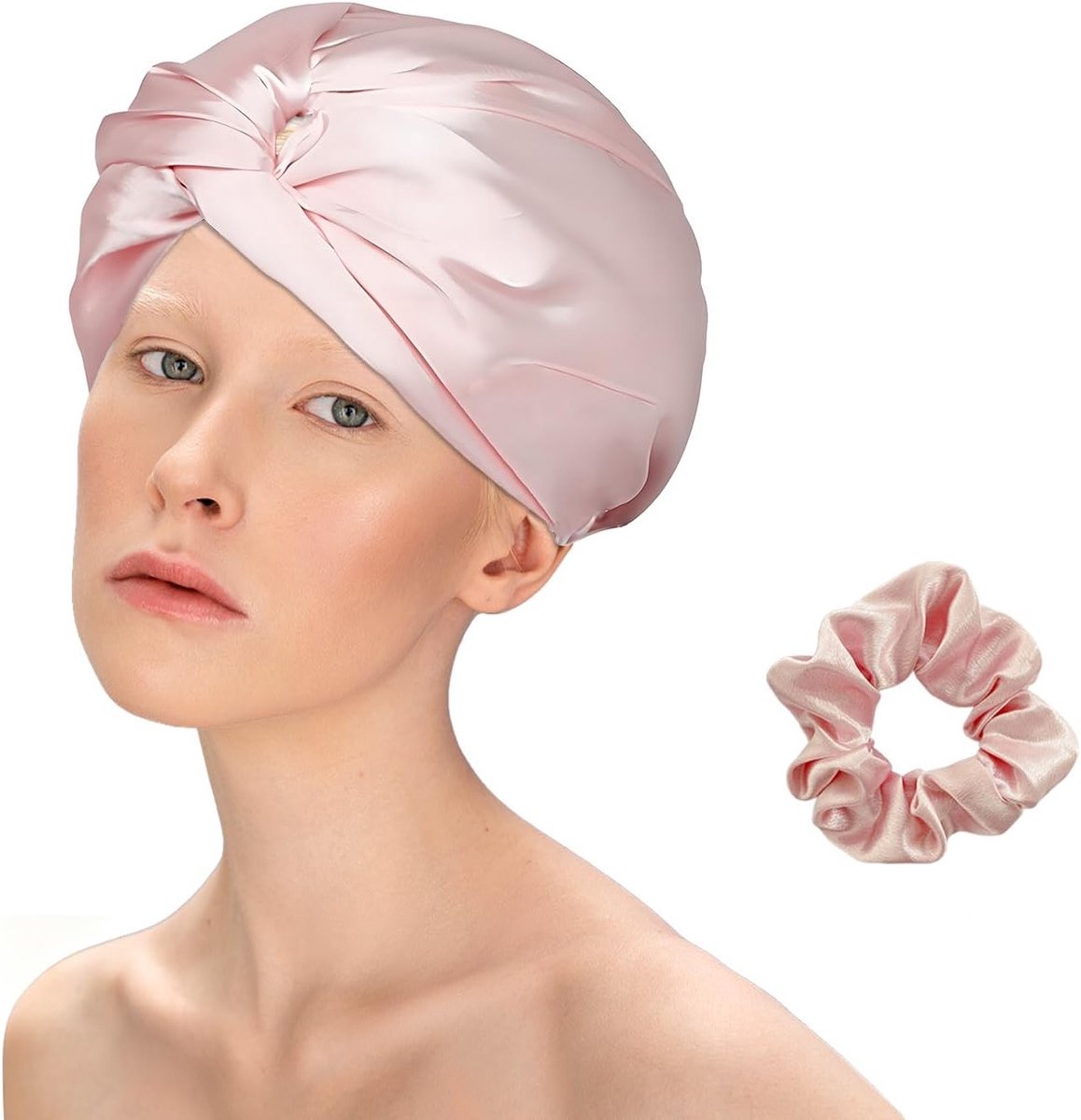 Verstelbare Zijde Slaapmuts voor Dames, Satijnen Haarband voor Krullend of Steil Haar, Comfortabele Slaapcap met Elastische Band en Scrunchie in Roze, Ideaal voor Haarbescherming en Slaapcomfort