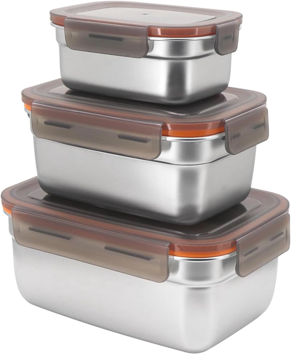 Stainless steel voedselopslag met deksel, luchtdicht en lekvrij, set van 3 (550ml, 1100ml, 1900ml) voor koelkast en pantry