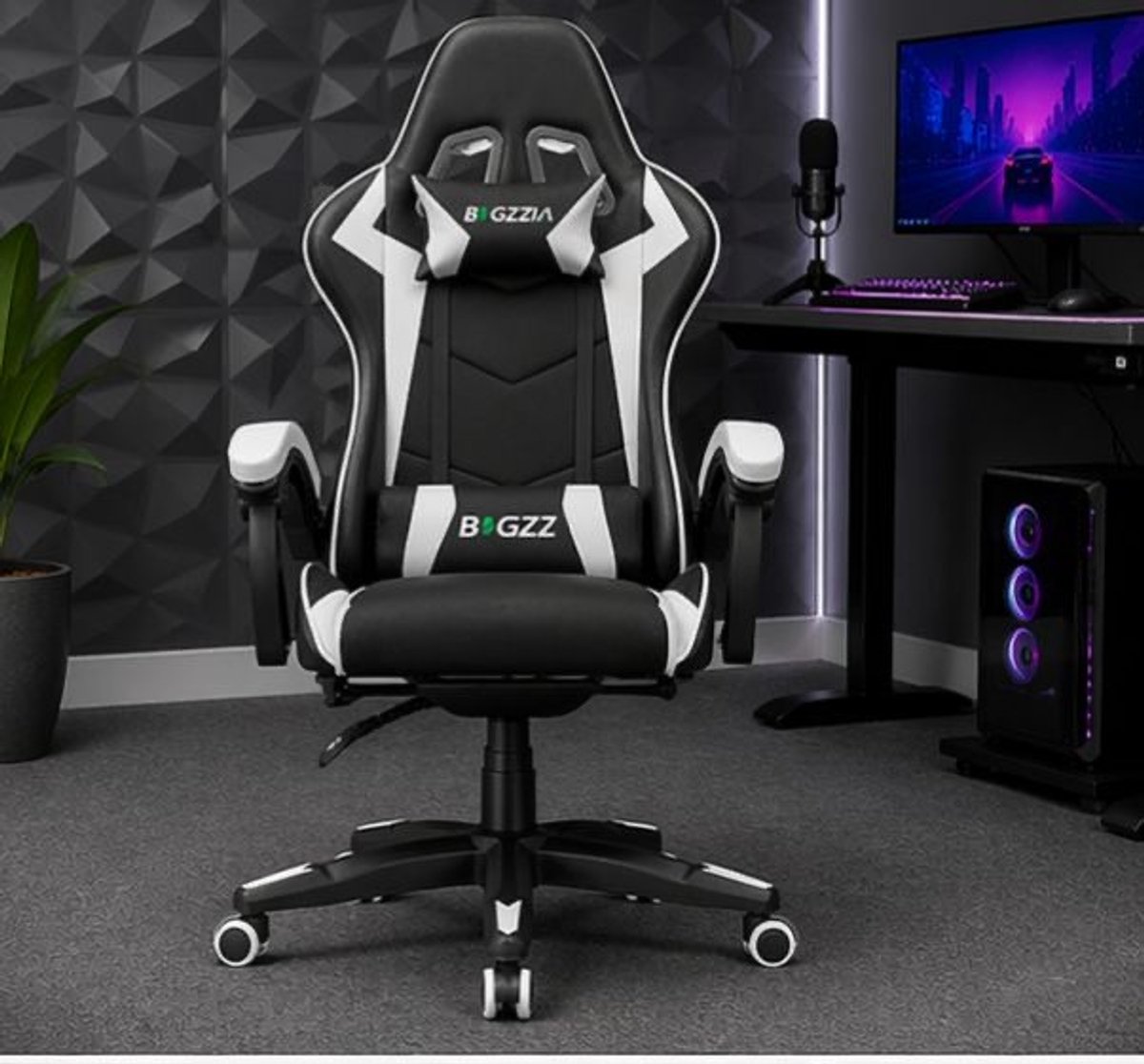 Gaming stoel ergonomisch verstelbaar met ligfunctie 77 x 25 x 59 cm kunstleer met hoofdsteun en lendenkussen zwart wit – Vermissen