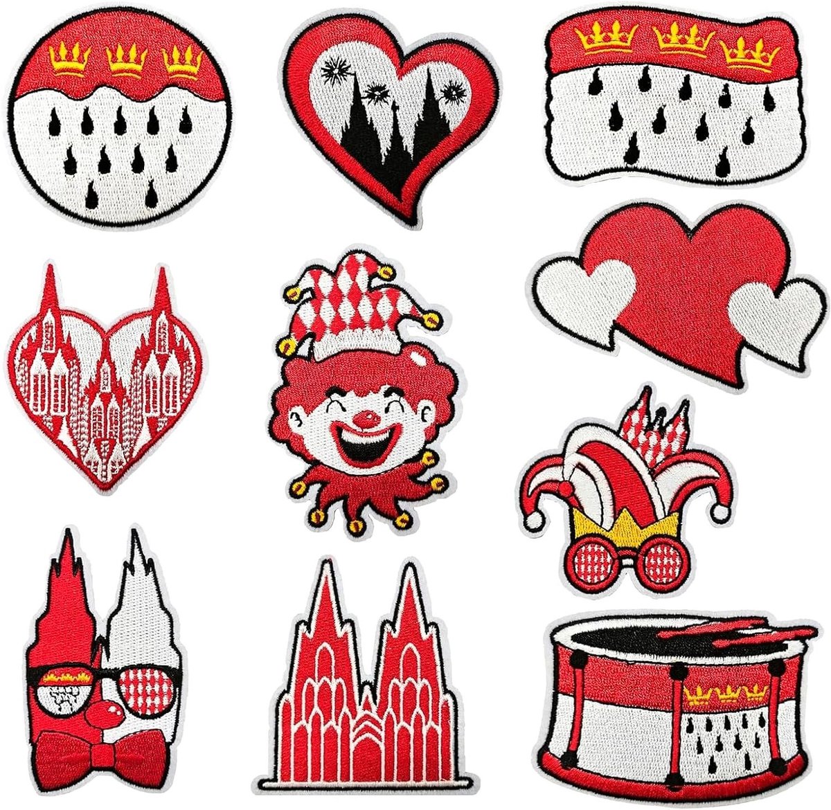 Set van 10 Strijkapplicaties voor Carnaval in Rood en Wit, Perfect voor Kostuums en Kledingaccessoires