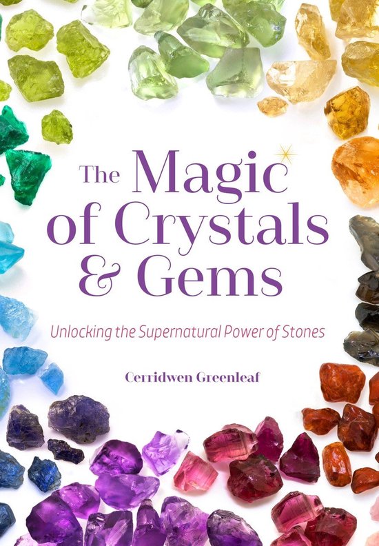 Boekomslag 'The Magic of Crystals & Gems' met veelkleurige kristallen.