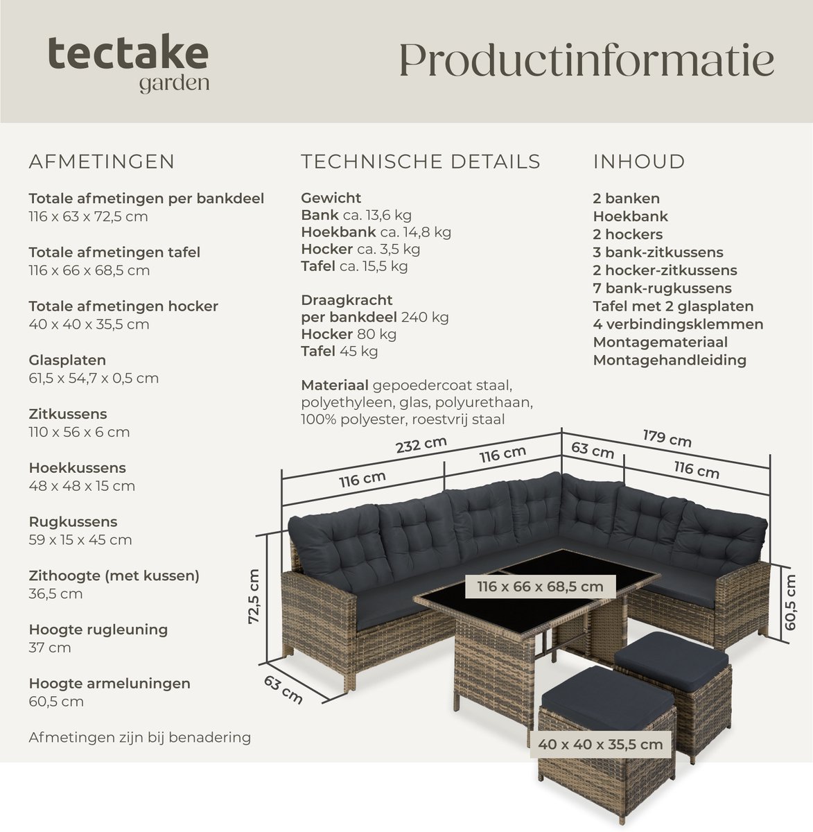 tectake® Loungeset Barletta - 6 tot 8 Personen - Modulaire Tuinset met Loungebank, Kruk en Tuintafel - Tuinmeubels - Balkonmeubel - 5-delige Zitgroep - Inclusief Kussens - Ideaal voor Tuin, Terras en Balkon - Natuurkleur met Donkergrijze Kussens thumbnail 5