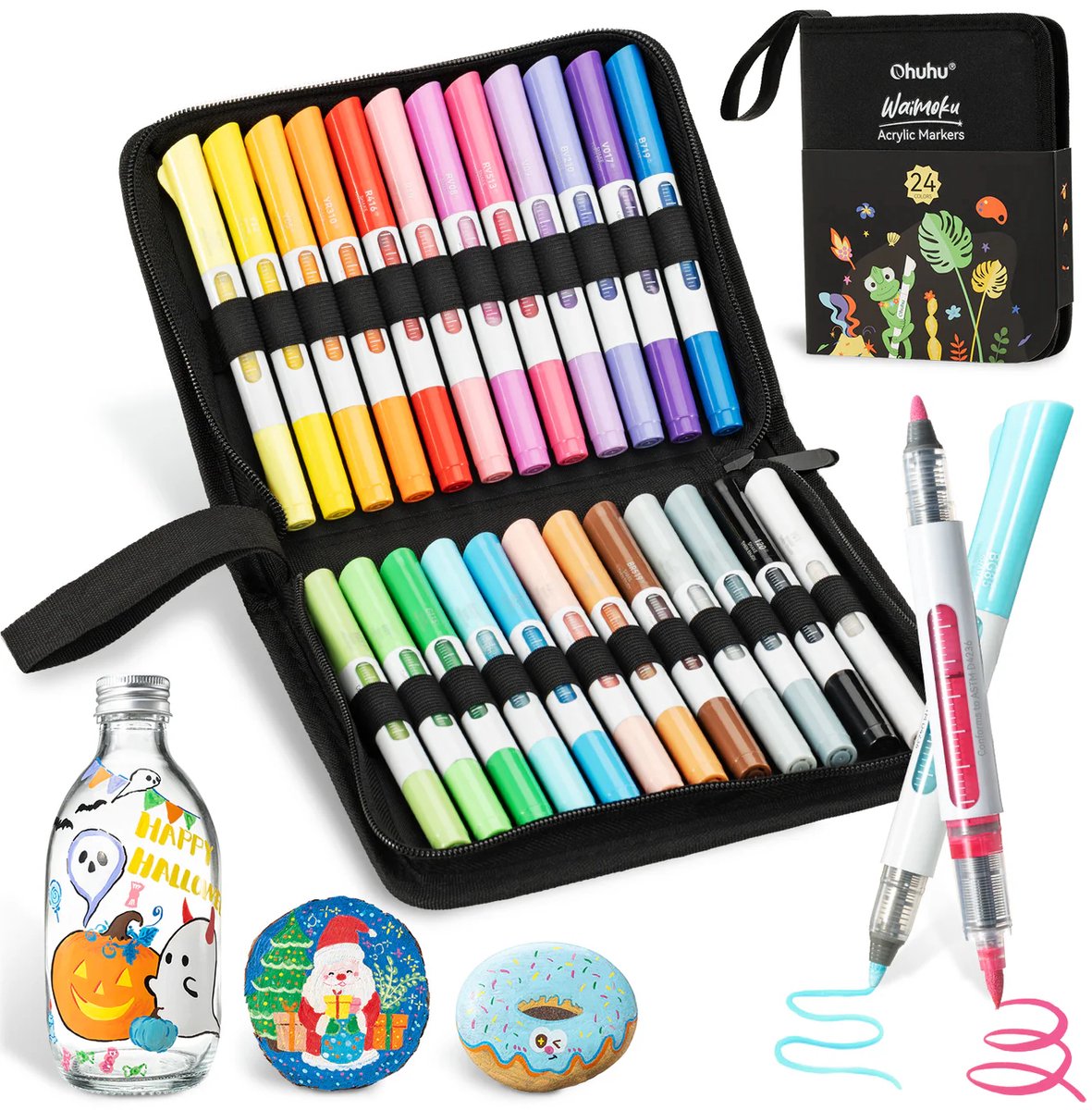 Ohuhu - Waimoku Brush & Bullet - Dual Nib Automatic Ink Control - Acrylic Paint Markers - 24 kleuren