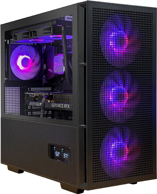 Zwarte Xgaming pc met paarse en roze RGB-verlichting