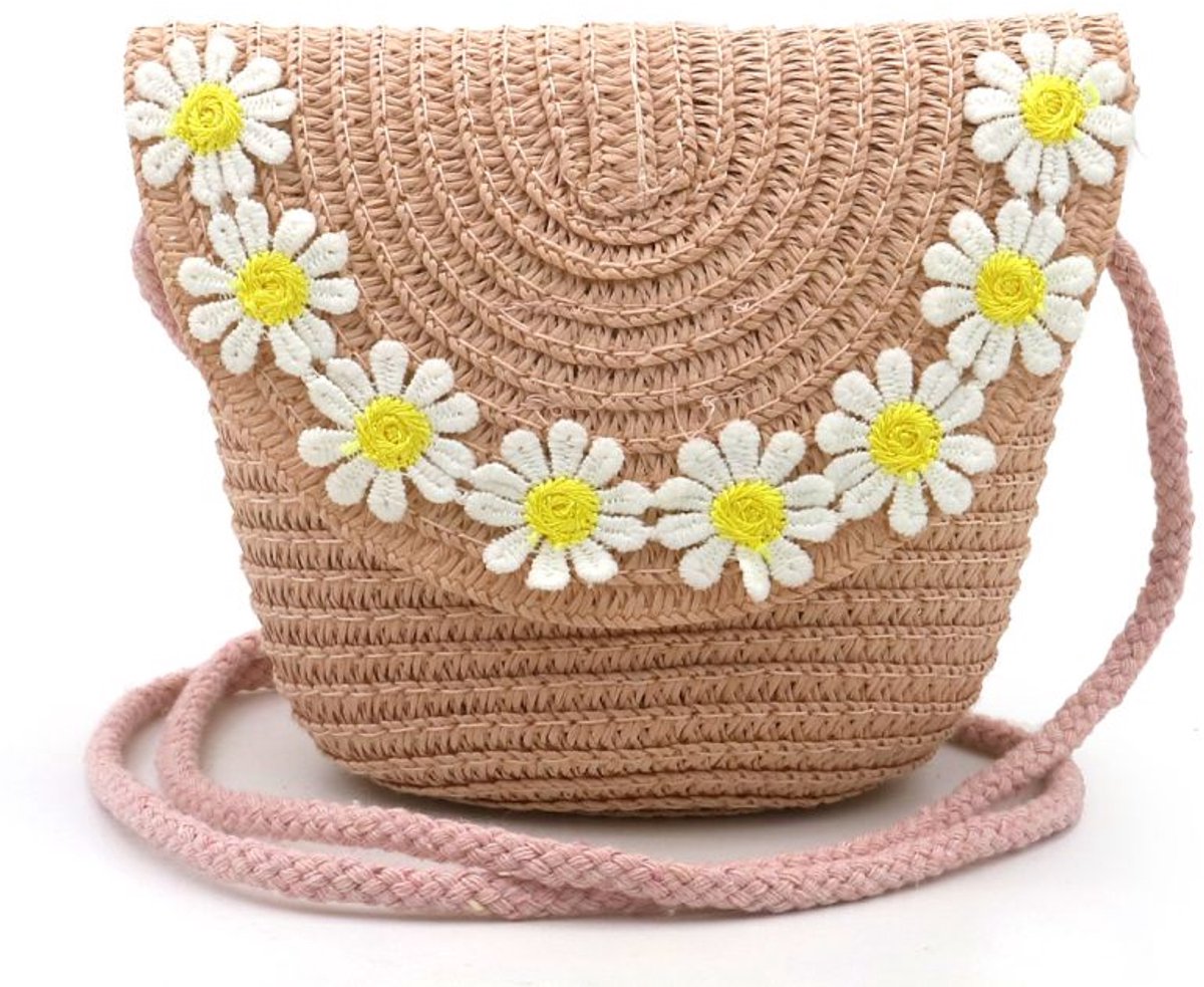 She life style - Gevlochten Kinderentas - Bloemen - 12,5 x 14,5 x 5,5cm - Roze