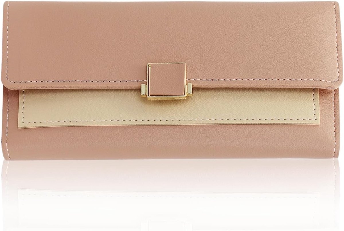 Dames Lange PU Leren Portemonnee met Ritsvak en ID Venster, 9 Creditcard Slots, Drie Vakken, Roze, Casual en Stijlvol Accessoire