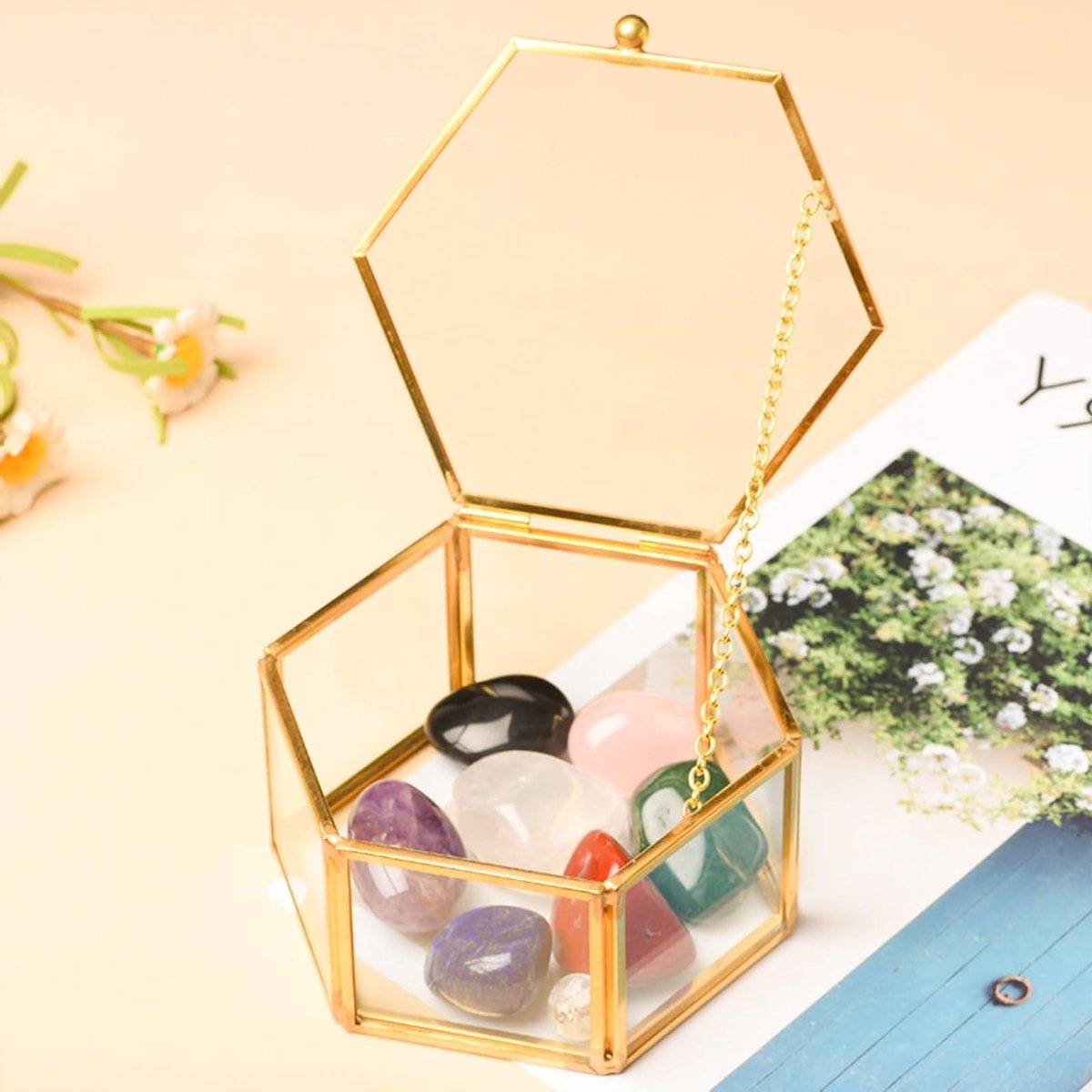 Grote glazen sieradenbox, hexagonale opbergdoos voor juwelen, decoratieve displaybox en organiser voor ringen en accessoires