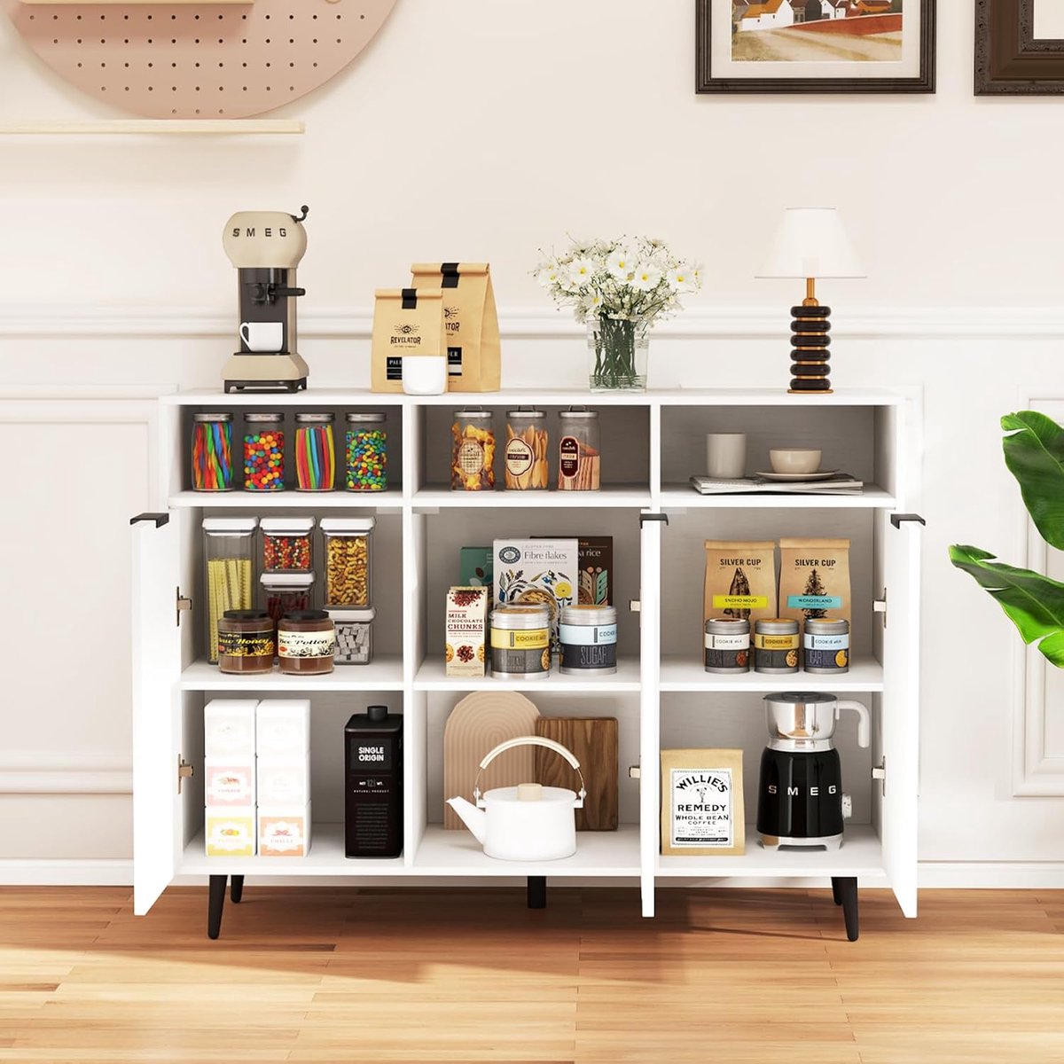 Multifunctioneel Buffet Dressoir Kast 120 cm met 3 Deuren, 3 Open Vakken en Verstelbare Planken – Vrijstaande Keukenkast 120x40x90 cm Wit
